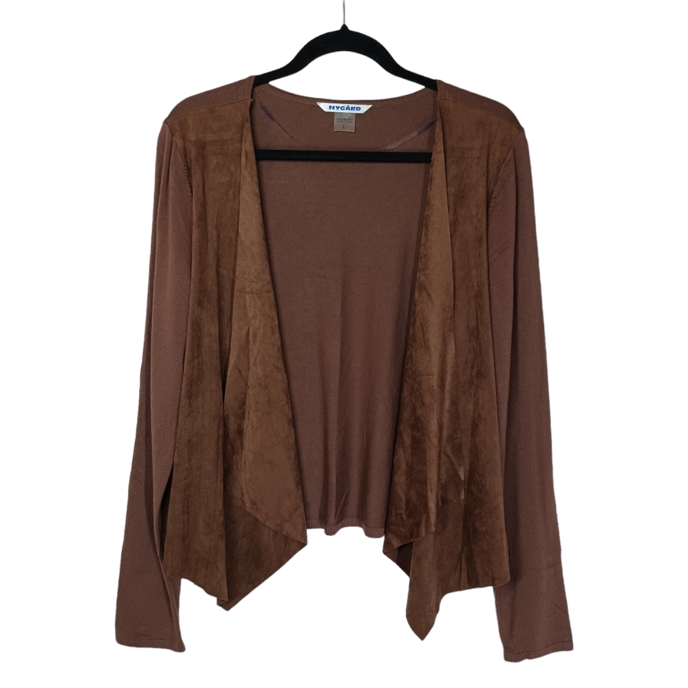 PETER NYGARD Micro Suede Brown Open Drape Long Sleeve Cardigan Sweater Large NWT